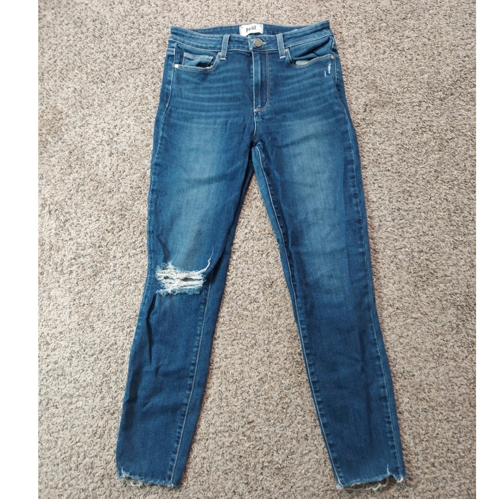 Paige Jeans Women 27 Blue Hoxton Ankle High Rise Skinny Distressed Raw Hem